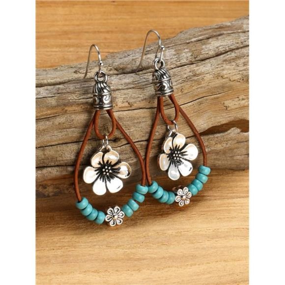 Boho Style Plum Blossom Pendant Turquoise Beads Dangle Earrings - Picture 1 of 4